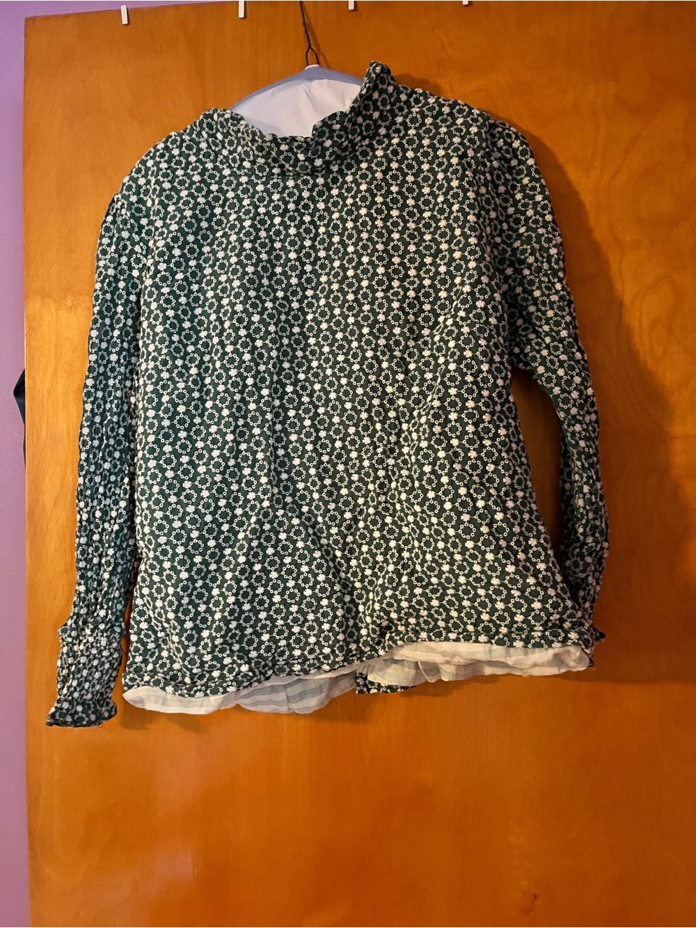 Buru Green Floral-Print Long Sleeve Ruffle-Neck Blouse